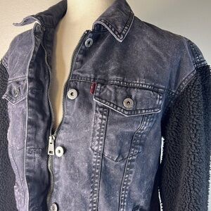 LEVIS Denim Sherpa Trucker Jacket Women‎ SM Black Acid Wash Cotton Zip Up Snap